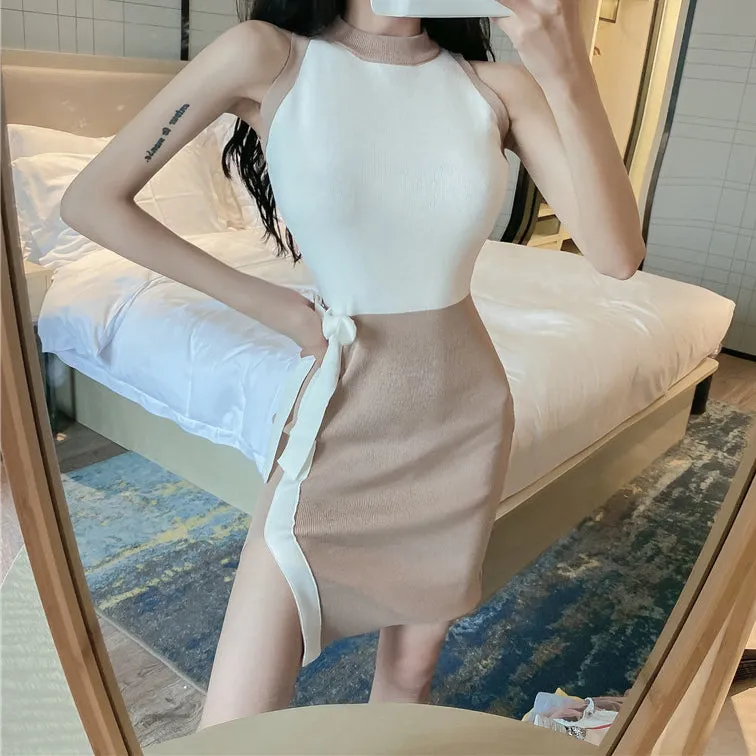 Crew Neck Tie Slit Slim Fit Sleeveless Knit Dress