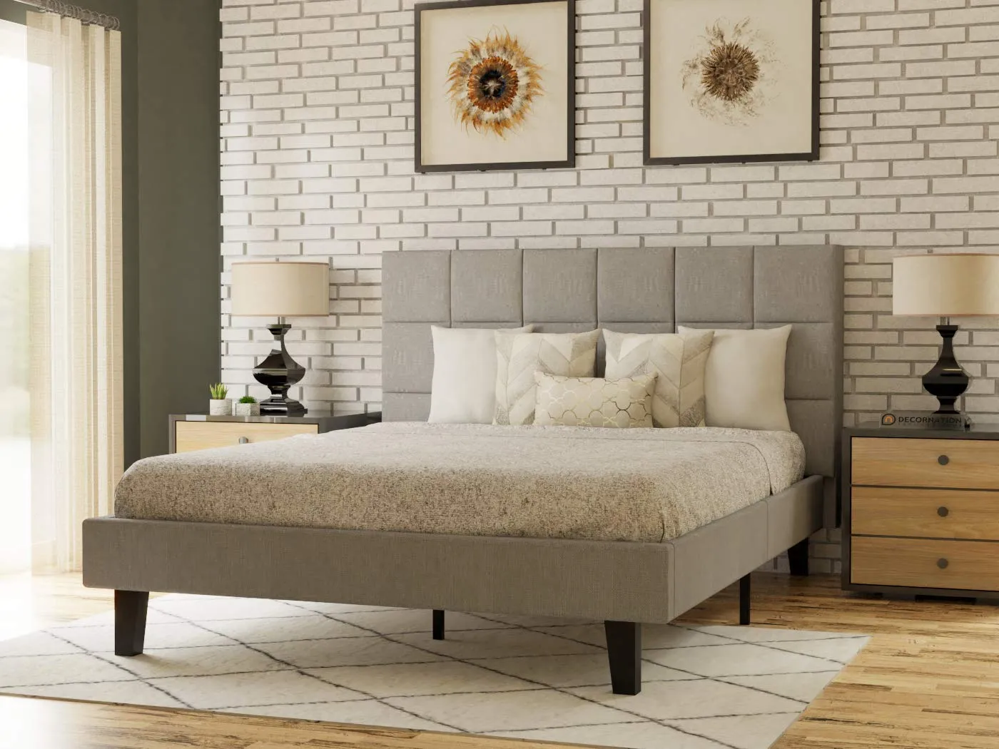 DecorNation Julius Upholstered Platform Bed for Bedroom, Home Furniture (Grey, Size: Queen, Fitting Mattress, 60 x 78 x 6 Inches)