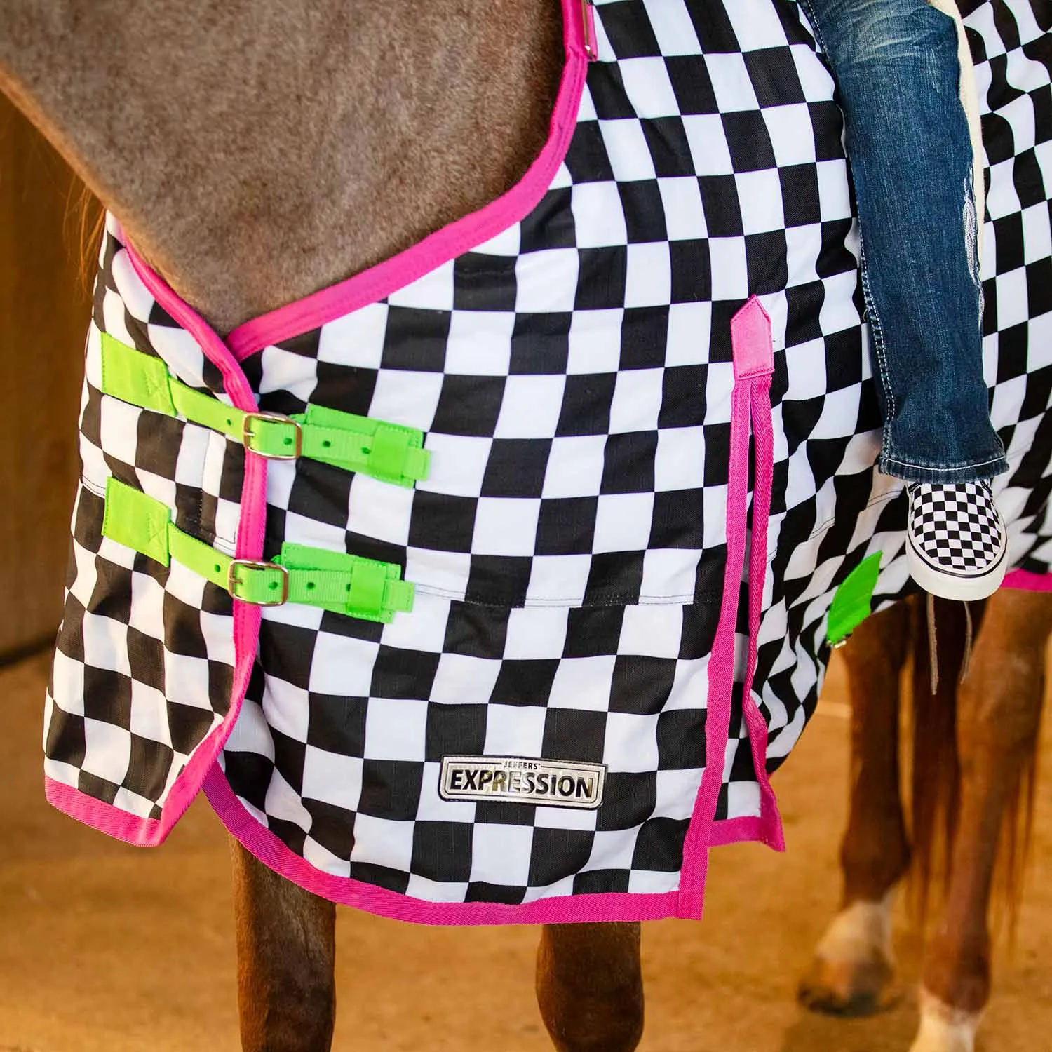 In Stock Now! Jeffers Expression 1200 Denier Standard Neck Turnout Blanket, 240 Gram, Skater Cowgirl