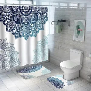 Urbane Home Shower Curtain & Bathmat Set | Non-Slip Bath mats for Bathroom | Easy-Slide Curtains | Polyester Curtain or Bathmat for Bath Décor | YF189-3T | 3 Pcs Set | Multicolor