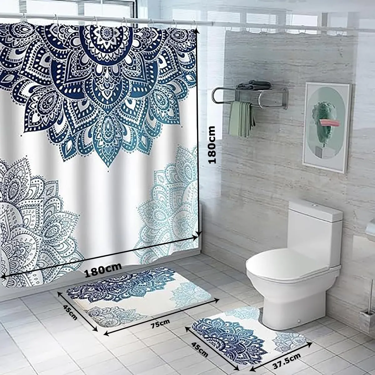 Urbane Home Shower Curtain & Bathmat Set | Non-Slip Bath mats for Bathroom | Easy-Slide Curtains | Polyester Curtain or Bathmat for Bath Décor | YF189-3T | 3 Pcs Set | Multicolor