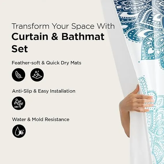 Urbane Home Shower Curtain & Bathmat Set | Non-Slip Bath mats for Bathroom | Easy-Slide Curtains | Polyester Curtain or Bathmat for Bath Décor | YF189-3T | 3 Pcs Set | Multicolor
