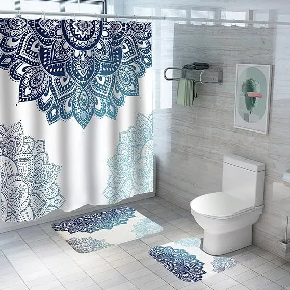 Urbane Home Shower Curtain & Bathmat Set | Non-Slip Bath mats for Bathroom | Easy-Slide Curtains | Polyester Curtain or Bathmat for Bath Décor | YF189-3T | 3 Pcs Set | Multicolor