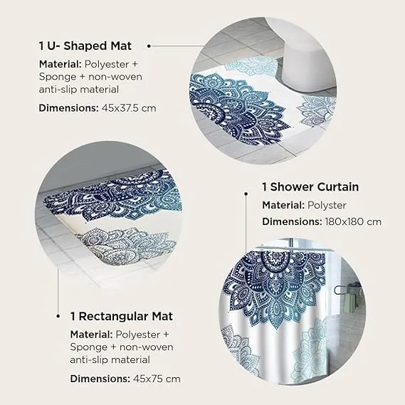 Urbane Home Shower Curtain & Bathmat Set | Non-Slip Bath mats for Bathroom | Easy-Slide Curtains | Polyester Curtain or Bathmat for Bath Décor | YF189-3T | 3 Pcs Set | Multicolor